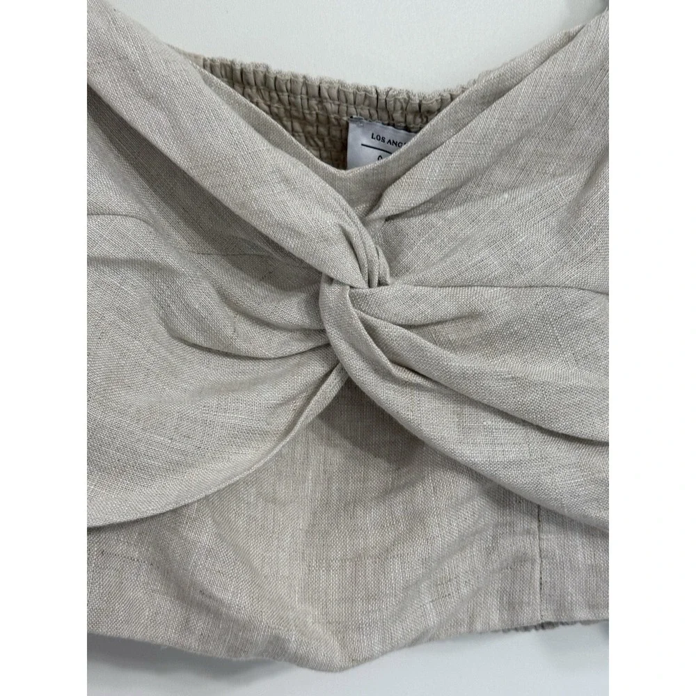 Los Angeles Atelier & Other Stories Top Cropped Puff Sleeve Linen Smocked Beige - Picture 2 of 8
